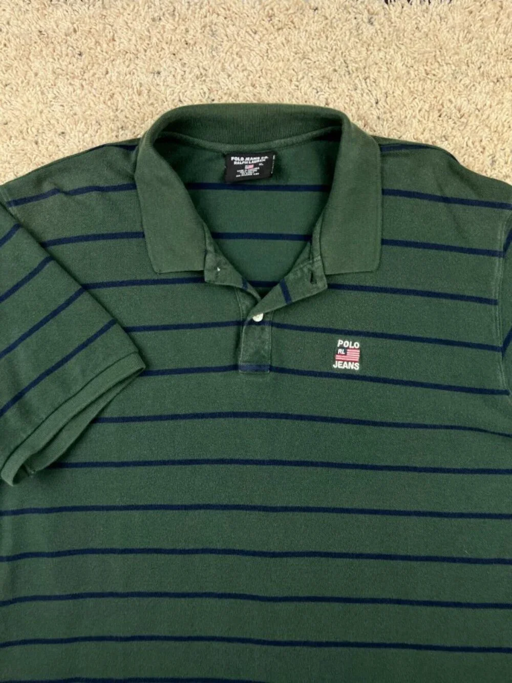Ralph Lauren Polo Jeans Green Blue Striped Mens Short Sleeve Polo Shirt Size XL